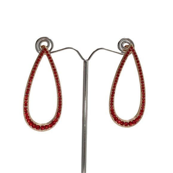 Gold Open Teardrop  Earrings with Red Crystals - Picture 5 of 5